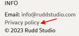Rudd Studio website footer with Privacy Policy link highlighted