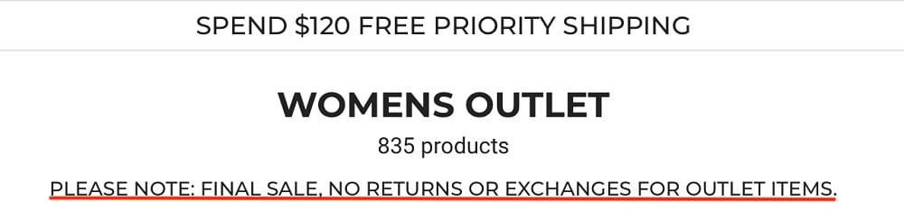 Ryderwear Outlet Items page with Final Sale No Returns notice highlighted