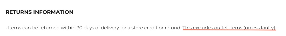 Ryderwear Returns Policy: Outlet Items excerpt