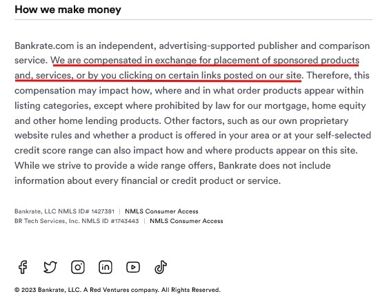 Bankrate website footer with affiliate disclaimer