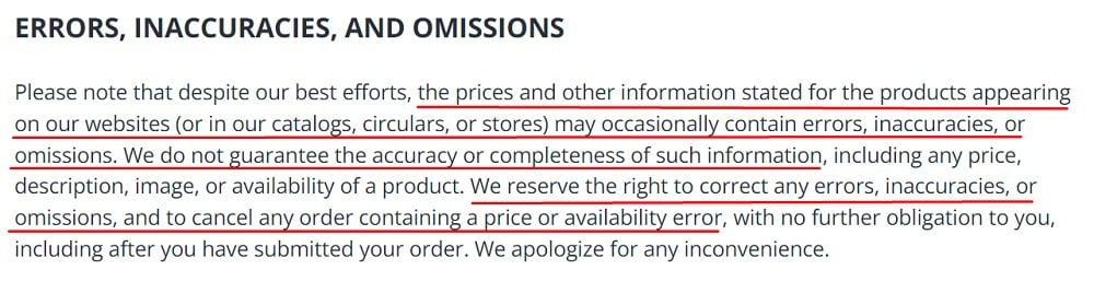 Cabelas Pricing Policy: Errors Inaccuracies and Omissions disclaimer