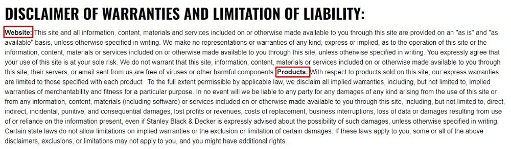 Dewalt Terms of Use: Disclaimer of Warranties and Limitation of Liability clause