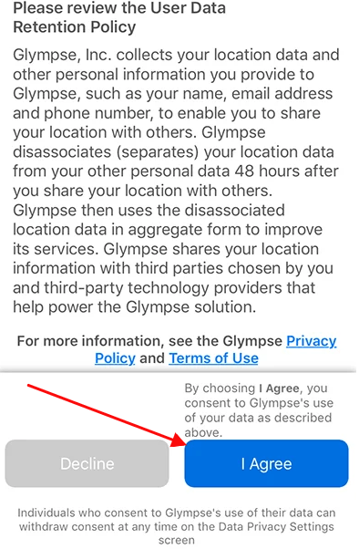 Glympse mobile Privacy Policy: Agree button highlighted