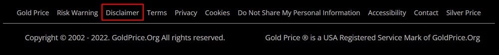GoldPrice website footer with Disclaimer link highlighted