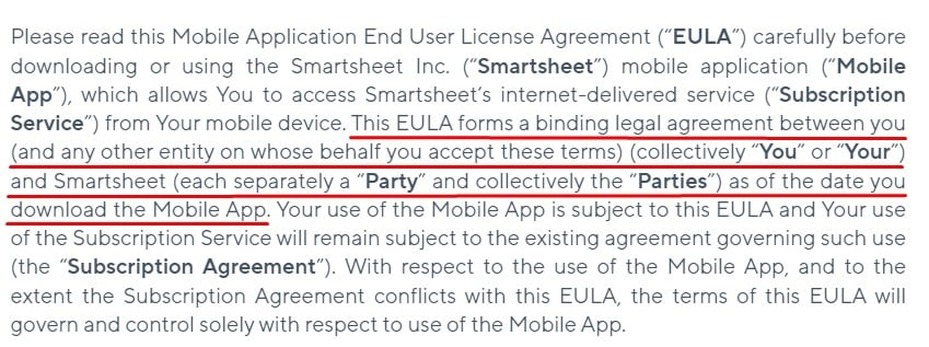 Smartsheet Mobile App EULA Intro clause