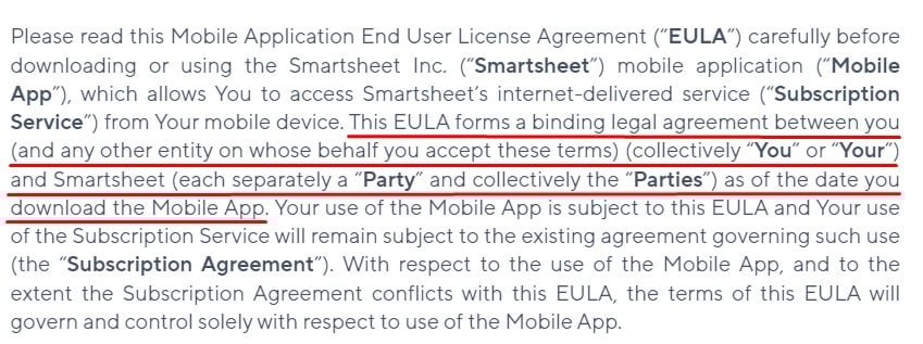 Smartsheet Mobile App EULA Intro clause