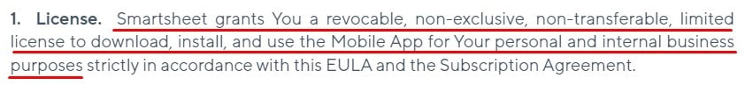 Smartsheet Mobile App EULA License clause