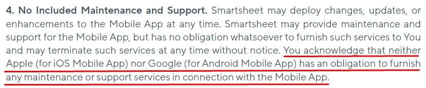 Smartsheet Mobile App EULA Maintenance and Support clause