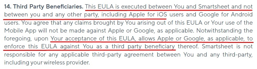 Smartsheet Mobile App EULA Third Party Beneficiaries clause