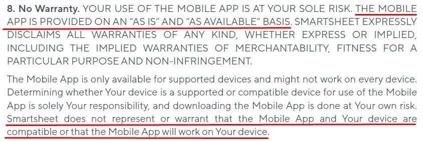 Smartsheet Mobile App EULA Warranty clause
