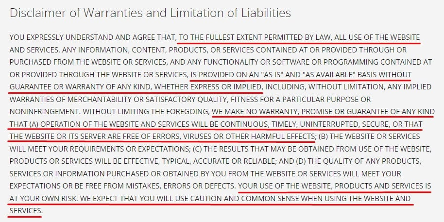 Tackle Warehouse Terms of Use: Disclaimer of Warranties and Limitation of Liabilities clause