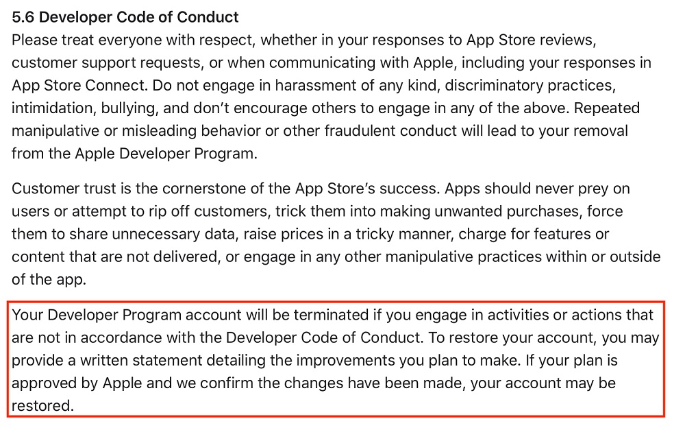 Apple Developer Code of Conduct: Termination section