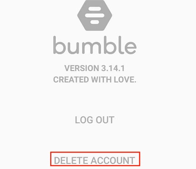 Bumble app Account Settings with Delete Account option highlighted