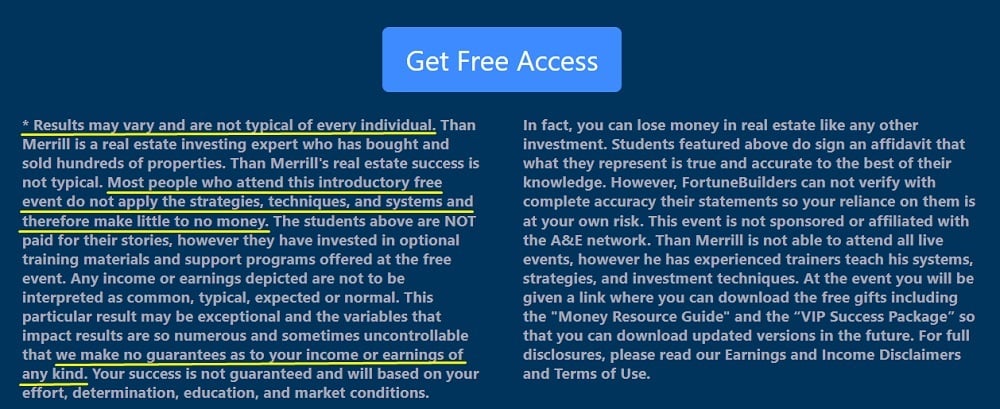 FortuneBuilders download webinar screen: Disclaimer section