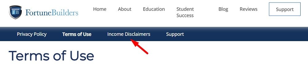 FortuneBuilders Terms of Use header with Income Disclaimers link highlighted