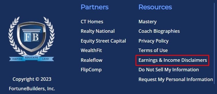 FortuneBuilders website footer with Earnings and Income Disclaimers link highlighted