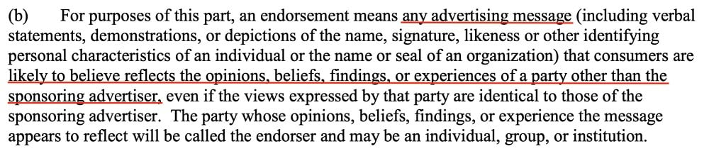 FTC Act: Definition of Endorsement section