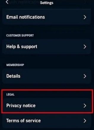 Generic app menu with Privacy Notice link highlighted