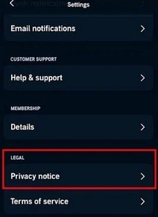 Generic app menu with Privacy Notice link highlighted