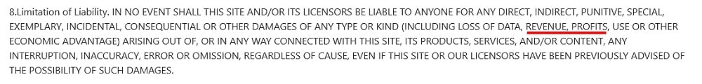 Generic limitation of liability clause with revenue and profits highlighted