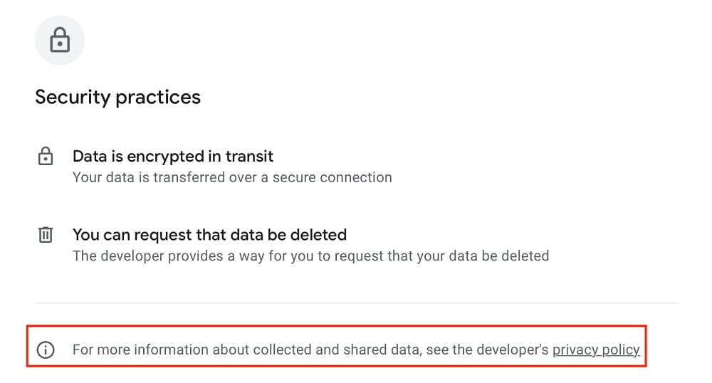 Google Play Store listing with Security practices section with Privacy Policy link highlighted