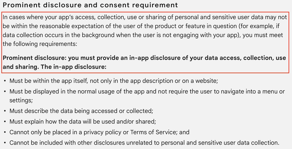 Google Play User Data Policy: Prominent Disclosure and Consent Requirement section