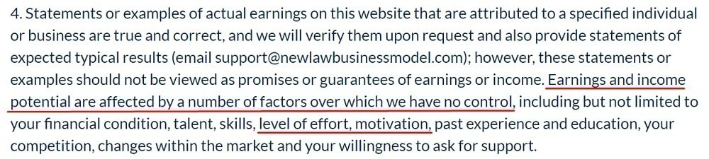 New Law Business Model Earnings Disclaimer - Multiple Factors excerpt