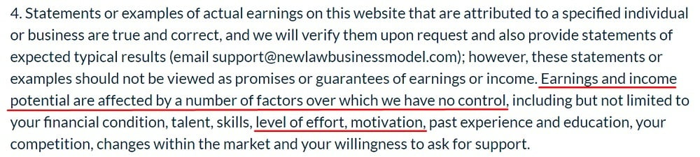 New Law Business Model Earnings Disclaimer - Multiple Factors excerpt