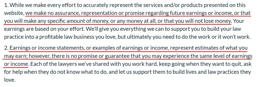 New Law Business Model Earnings Disclaimer - No Guarantee excerpt