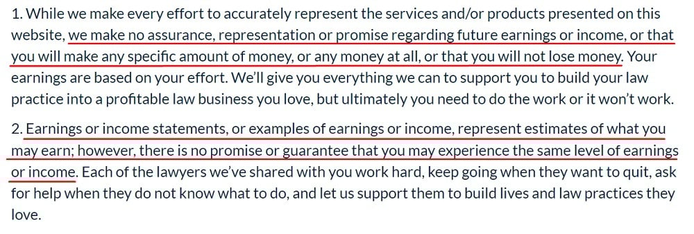 New Law Business Model Earnings Disclaimer - No Guarantee excerpt