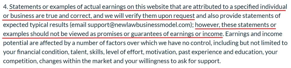 New Law Business Model Earnings Disclaimer - Verification excerpt