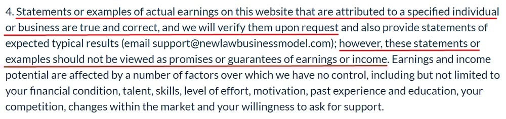 New Law Business Model Earnings Disclaimer - Verification excerpt