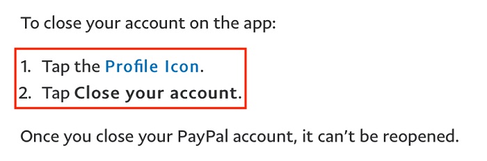 PayPal app Help section with close account instructions excerpt