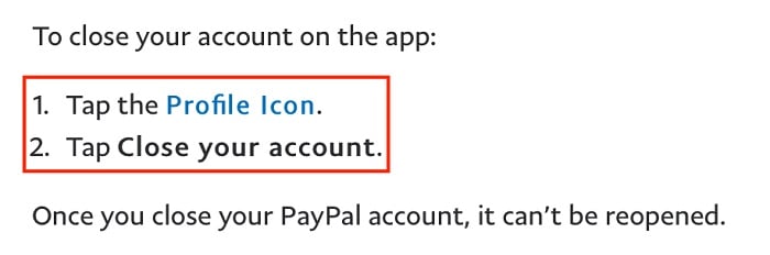 PayPal app Help section with close account instructions excerpt