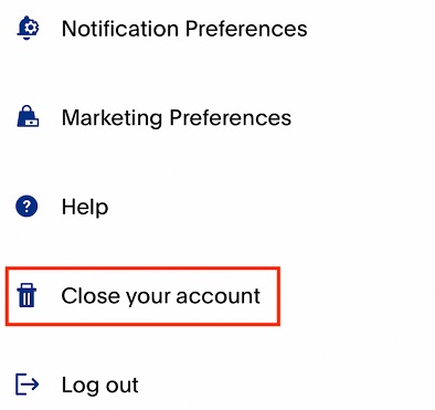 PayPal app menu with Close account link highlighted