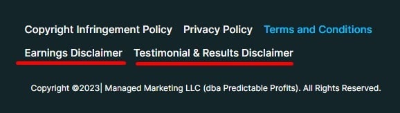 Predictable Profits website footer with Earnings and Testimonial and Results Disclaimers links highlighted