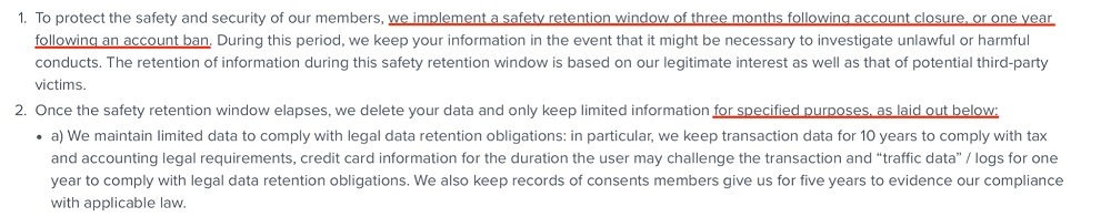 Tinder Privacy Policy: Data retention clause excerpt