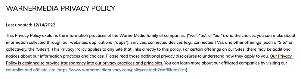 WarnerMedia Privacy Policy: Introduction section