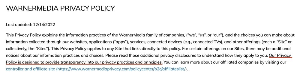 WarnerMedia Privacy Policy: Introduction section