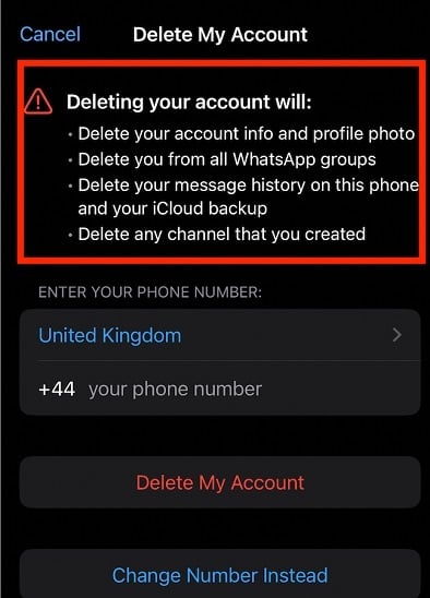 WhatsApp mobile Delete My Account screen