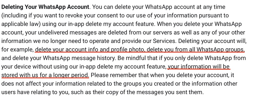 WhatsApp Privacy Policy: Deleting Your WhatsApp Account clause