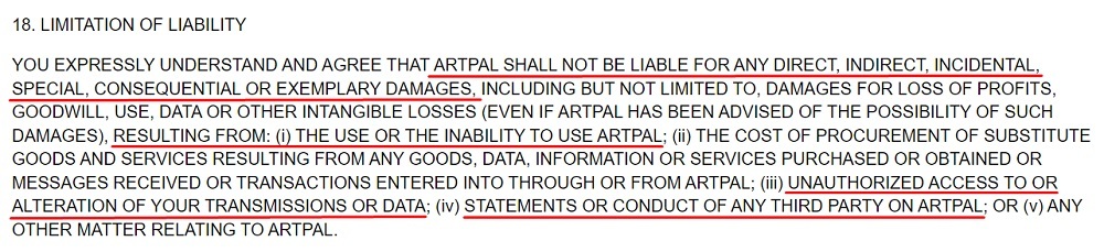 ArtPal Terms of Service: Limitation of liability clause