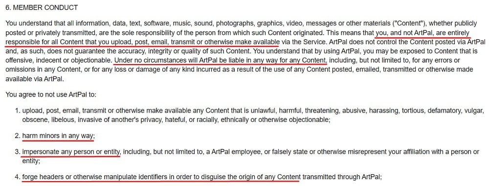 ArtPal Terms of Service: Member Conduct clause excerpt