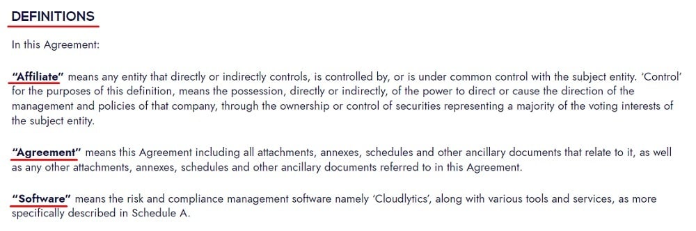 Cloudlytics SaaS Agreement: Definitions section excerpt
