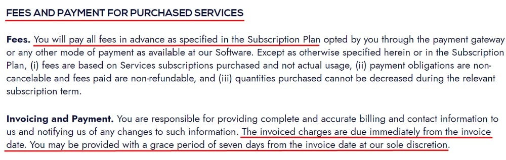 Cloudlytics SaaS Agreement: Fees and Payment clause