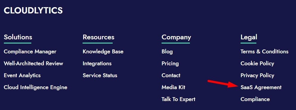 Cloudlytics website footer with SaaS agreement link highlighted