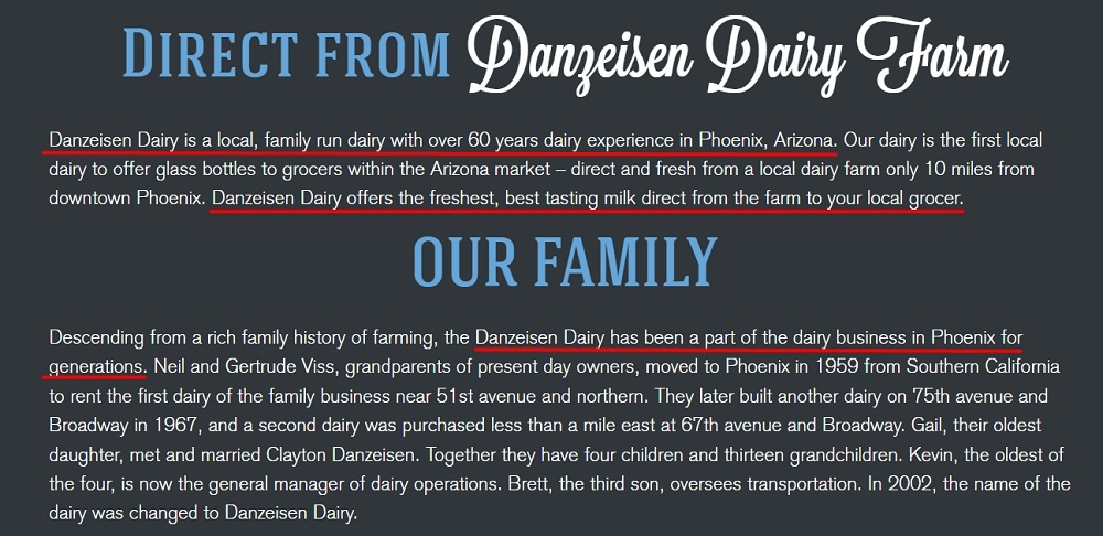 Danzeisen Dairy homepage with About Us information