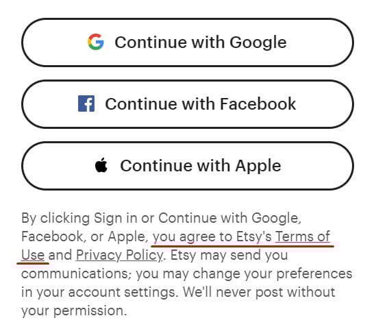 Etsy sign in form with agree to Terms of Use highlighted