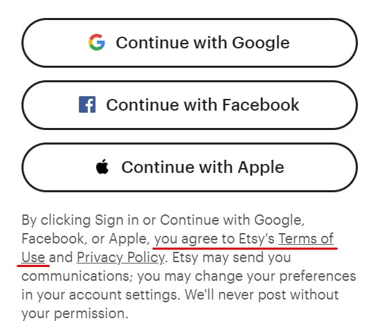 Etsy sign in form with agree to Terms of Use highlighted