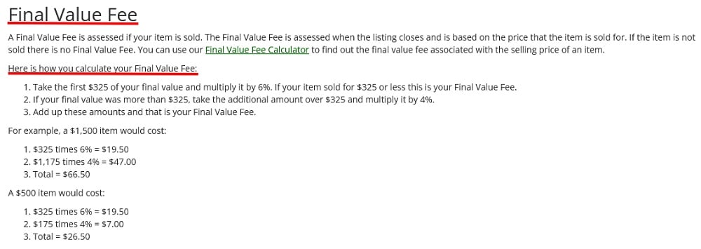Gun Broker Fees page: Final Value Fee section